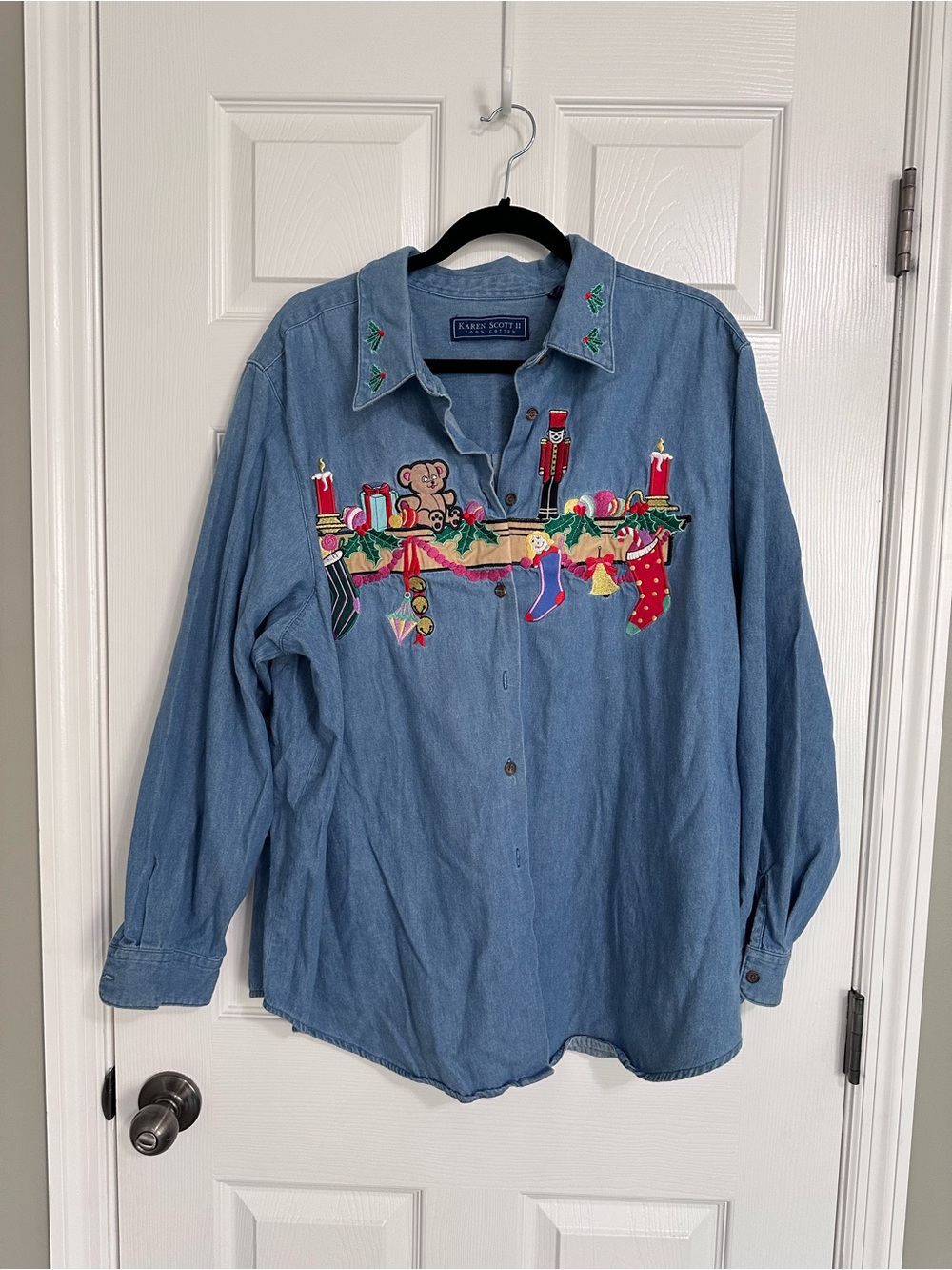 Karen Scott Blue Denim Shirt with Festive Embroidery
